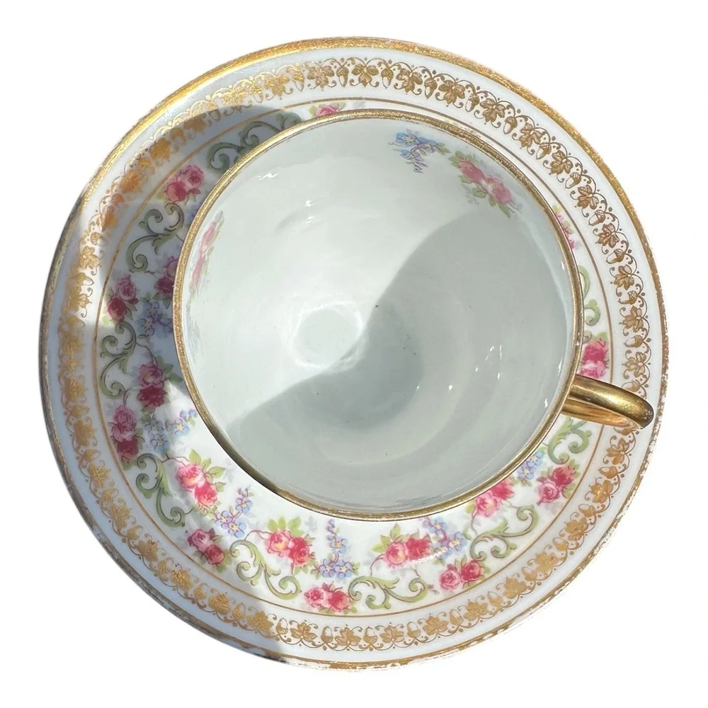 J. Pouyat Limoges France Porcelain Tea Cup and Saucer Set Gold Gilt Pink Rose